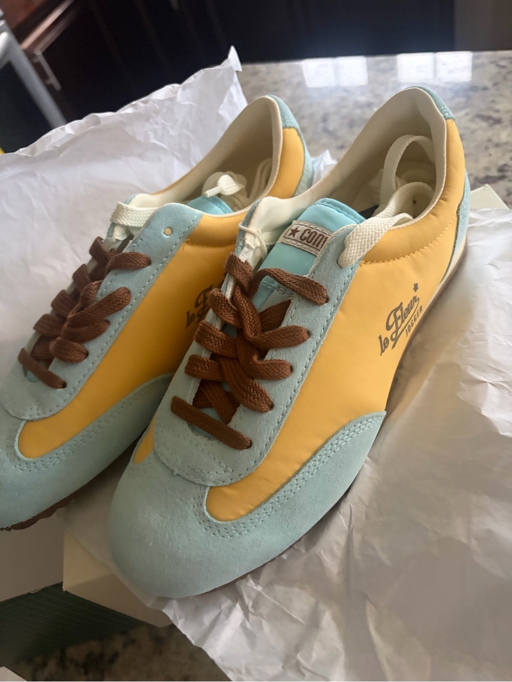 Le Coq Sportif Sneakers in Yellow, Light Blue & Brown